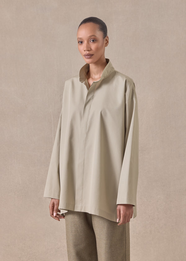 Eskandar Cotton Slim A-line Double Stand Collar Shirt With Stepped Insert - Long