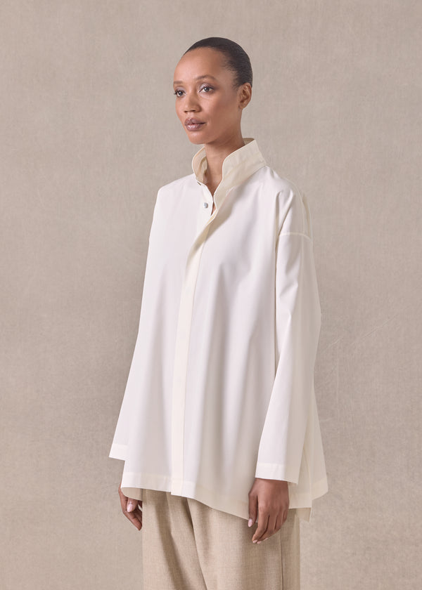 Eskandar Cotton Slim A-line Double Stand Collar Shirt With Stepped Insert - Long