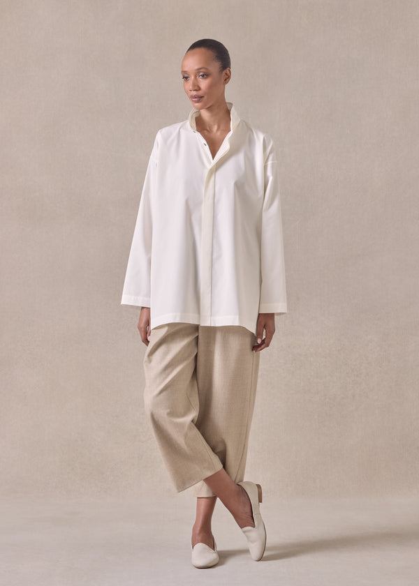 eskandar cotton slim a-line double stand collar shirt with stepped insert - long