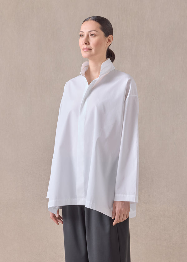 eskandar cotton slim a-line double stand collar shirt with stepped insert - long