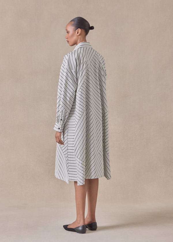 Eskandar Cotton Slim A-line Long Sleeve Shirt Dress With Collar And Stepped Insert -3/4 Length