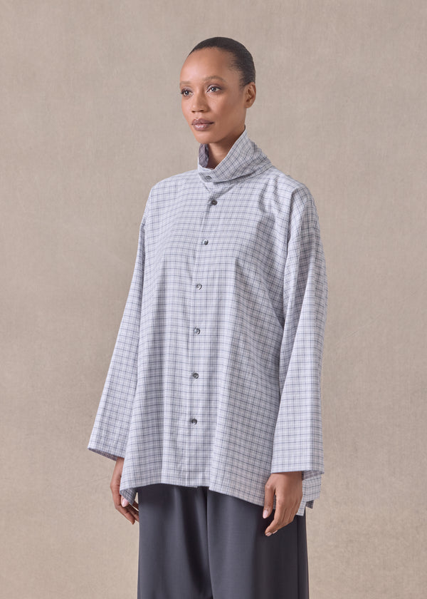 Eskandar Cotton Slim A-line Scrunch Neck Shirt With Stepped Insert - Long