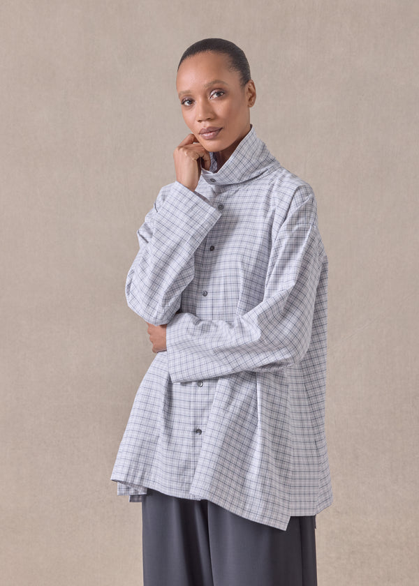 eskandar cotton slim a-line scrunch neck shirt with stepped insert - long