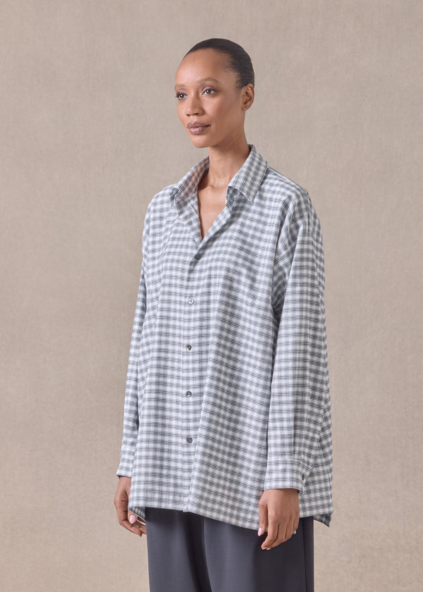 Eskandar Cotton Slim A-line Shirt With Collar And Stepped Insert - Long