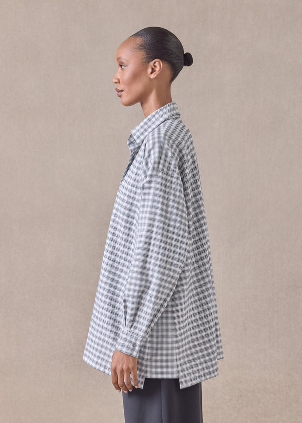 Eskandar Cotton Slim A-line Shirt With Collar And Stepped Insert - Long