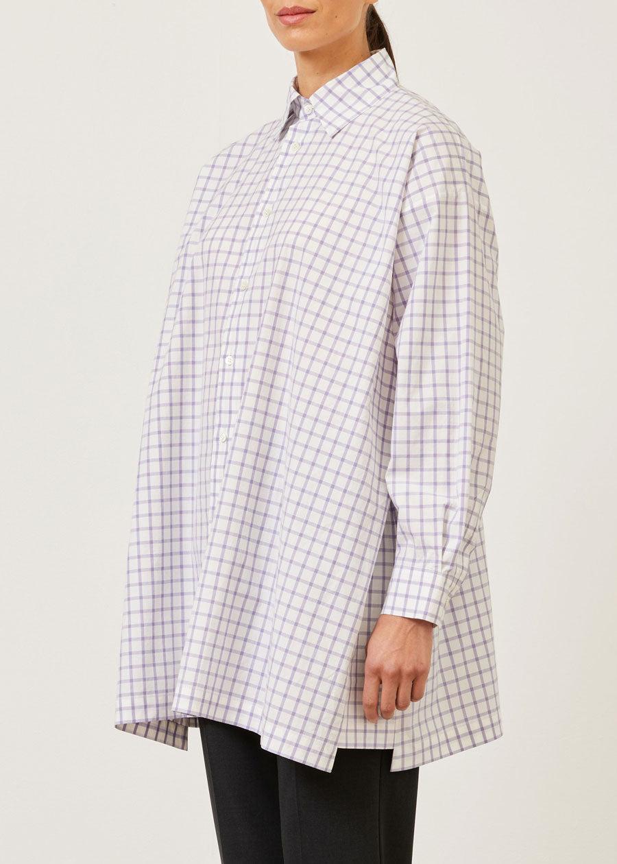 Eskandar Cotton Slim A-line Shirt With Collar And Stepped Insert - Long Plus