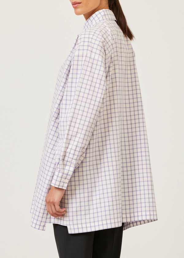 Eskandar Cotton Slim A-line Shirt With Collar And Stepped Insert - Long Plus