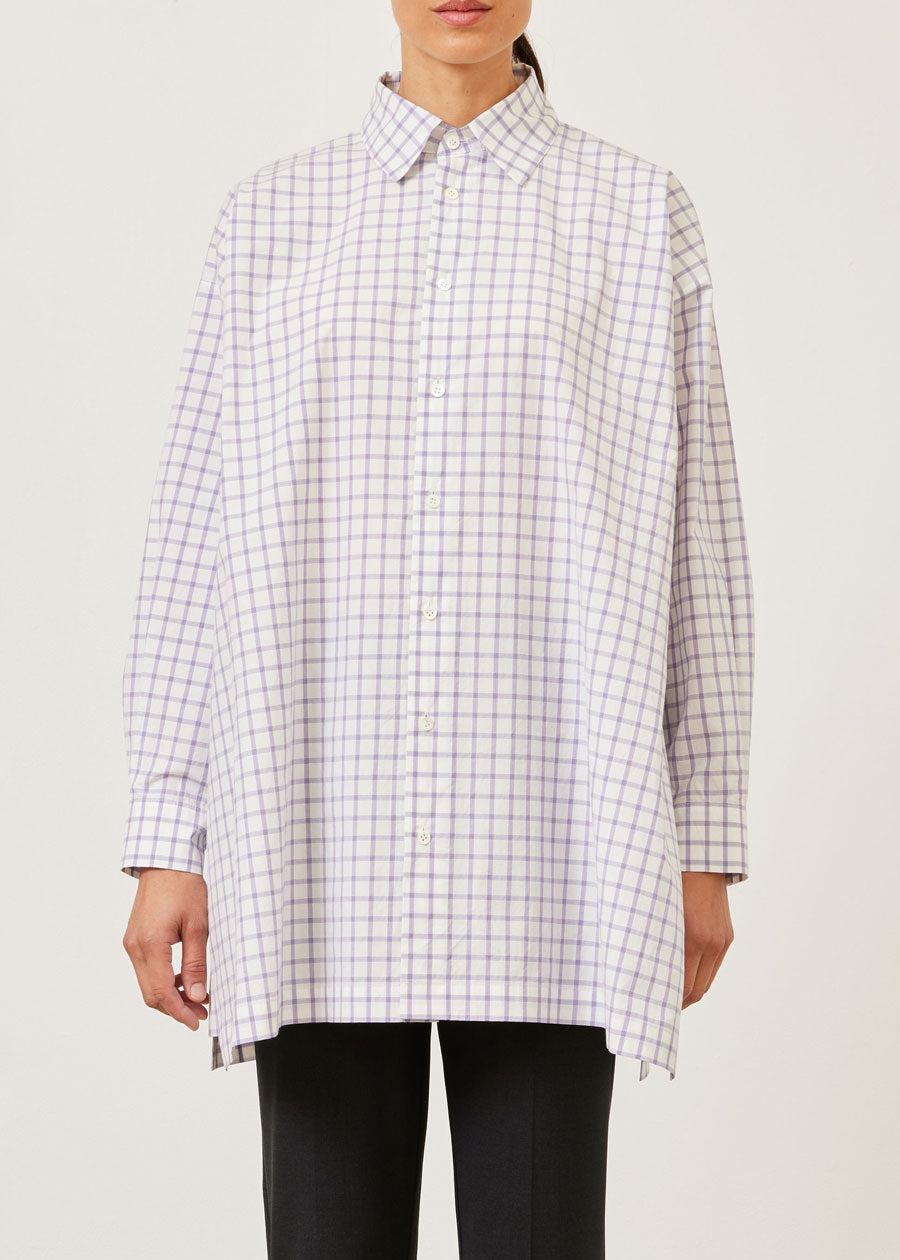 eskandar cotton slim a-line shirt with collar and stepped insert - long plus