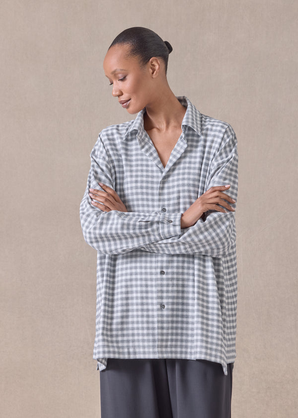 eskandar cotton slim a-line shirt with collar and stepped insert - long