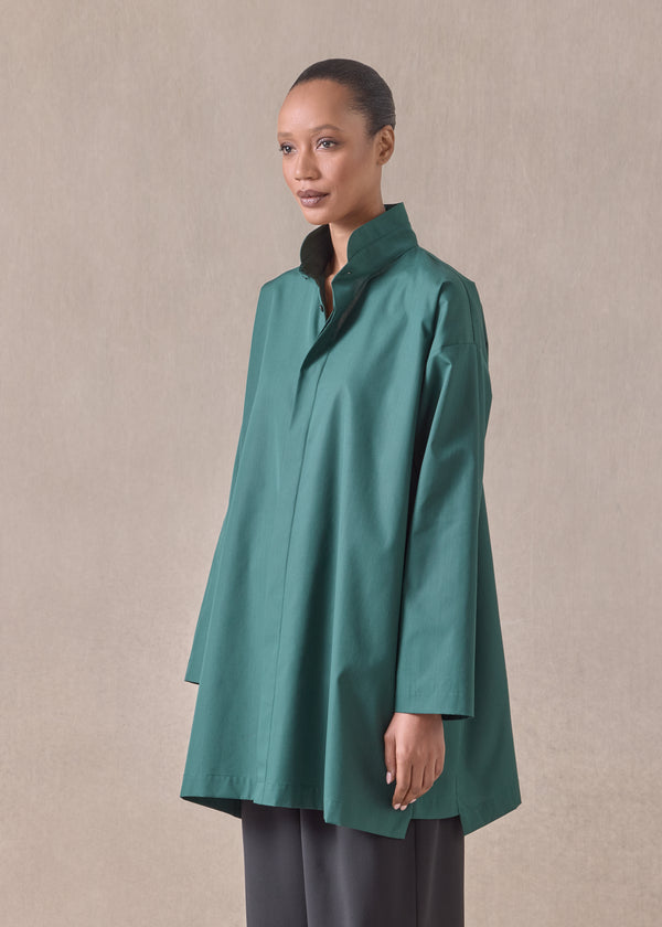 Eskandar Cotton Slim A-line Shirt With Double Stand Collar And Stepped Insert - Long Plus