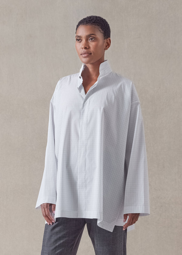 Eskandar Cotton Slim A-line Shirt With Double Stand Collar And Stepped Insert - Long