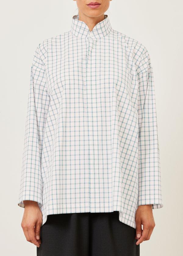 Eskandar Cotton Slim A-line Shirt With Double Stand Collar And Stepped Insert - Long