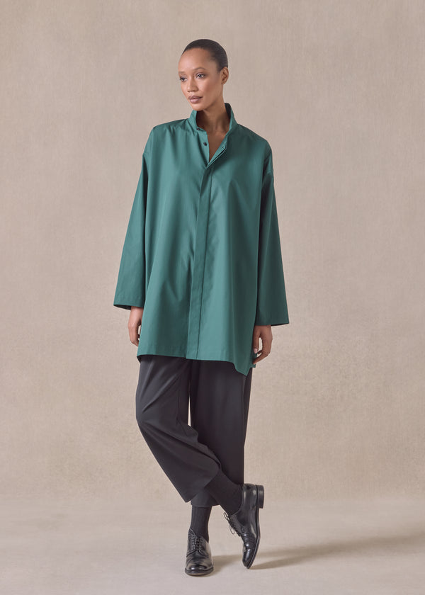 eskandar cotton slim a-line shirt with double stand collar and stepped insert - long plus