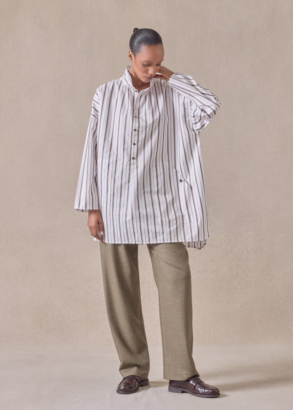 eskandar cotton sloped shoulder wide a-line artists smock with pleated collar - long plus