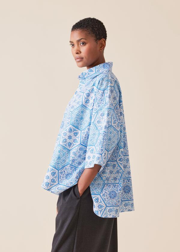 Eskandar Cotton Sloped Shoulder Wide A-line Short Sleeve Shirt With Collar - Mid