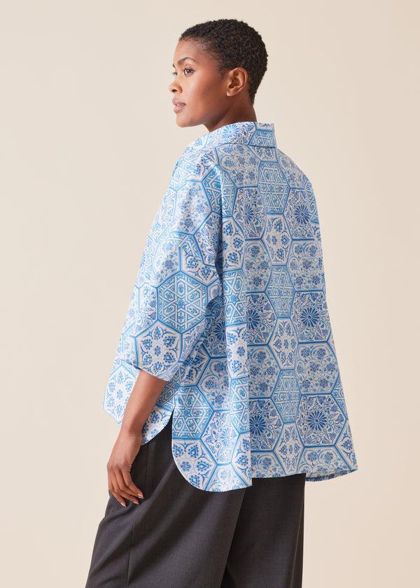 Eskandar Cotton Sloped Shoulder Wide A-line Short Sleeve Shirt With Collar - Mid