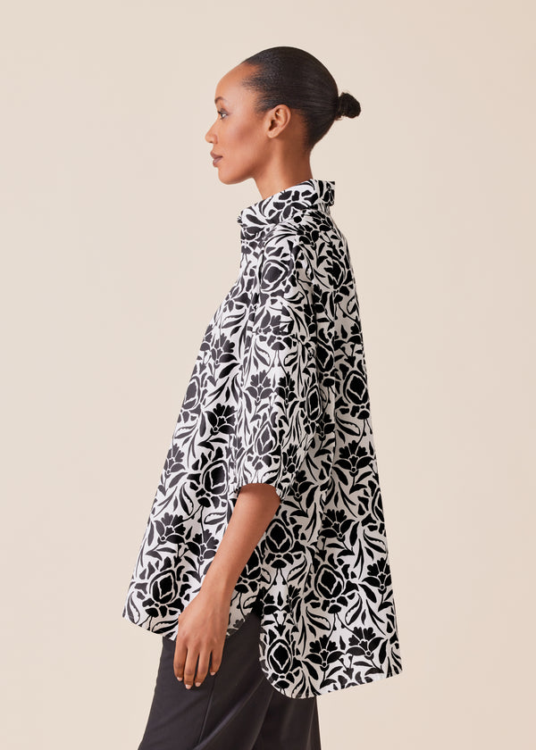 Eskandar Cotton Sloped Shoulder Wide A-line Short Sleeve Shirt With Collar - Long