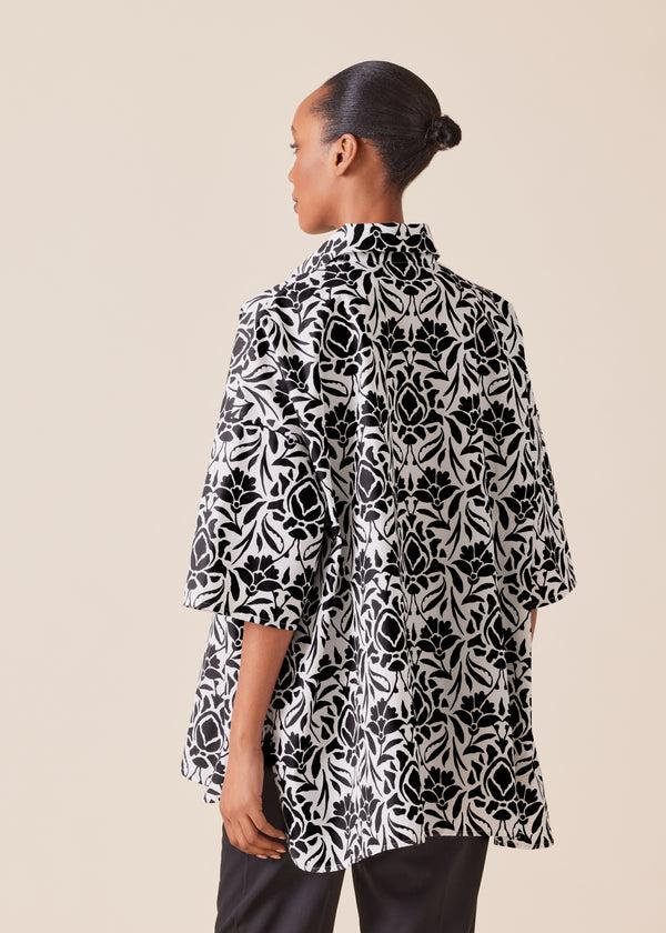 Eskandar Cotton Sloped Shoulder Wide A-line Short Sleeve Shirt With Collar - Long