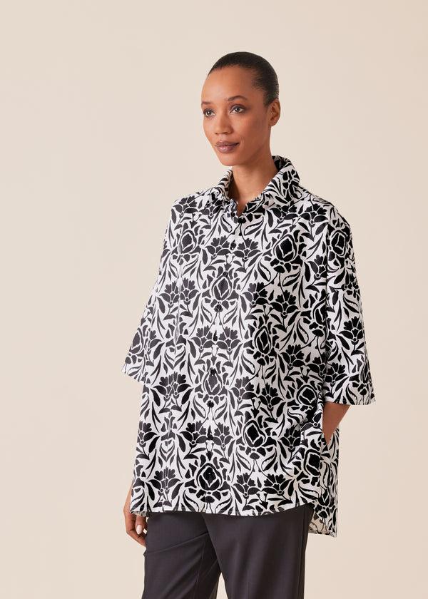 eskandar cotton sloped shoulder wide a-line short sleeve shirt with collar - long