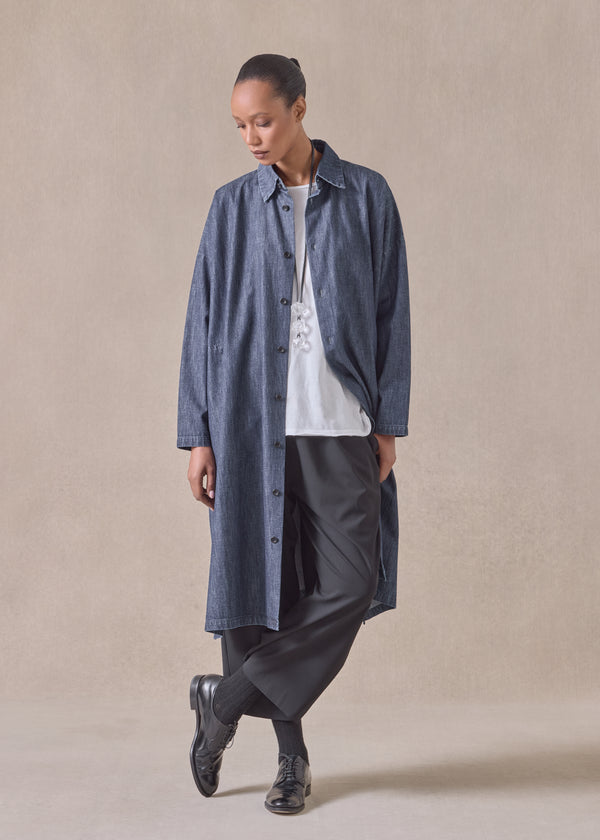 Eskandar Cotton Wide A-line Back Pleat Shirt Dress With Collar - 3/4 Length