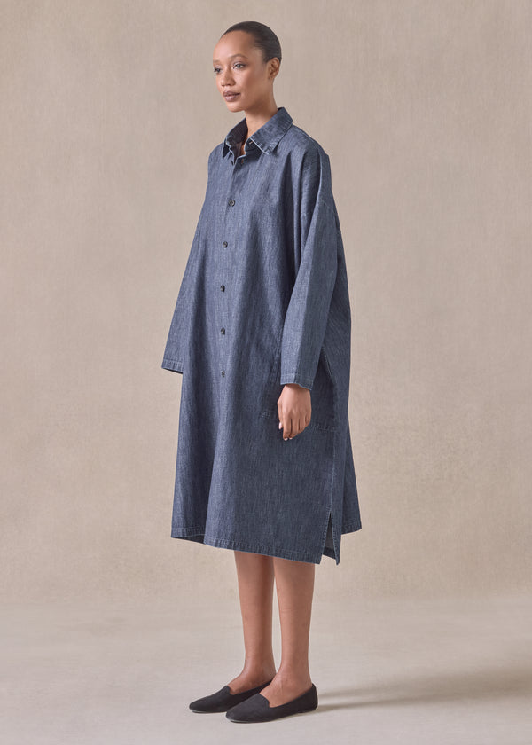 Eskandar Cotton Wide A-line Back Pleat Shirt Dress With Collar - 3/4 Length