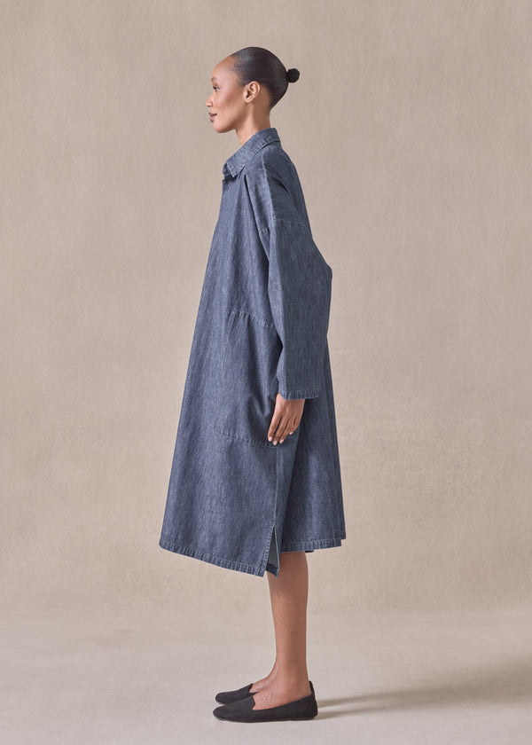 Eskandar Cotton Wide A-line Back Pleat Shirt Dress With Collar - 3/4 Length