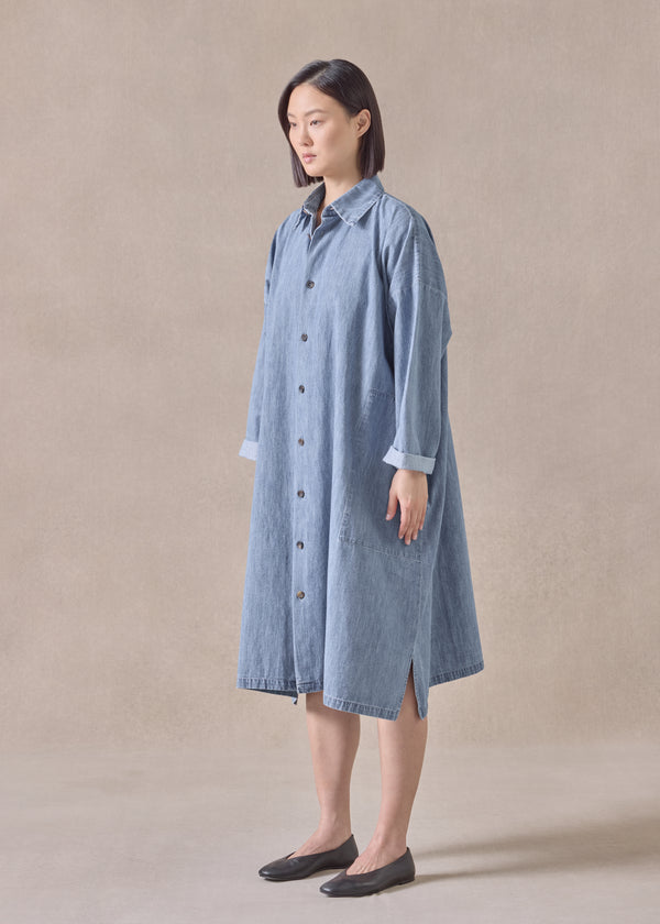Eskandar Cotton Wide A-line Back Pleat Shirt Dress With Collar - 3/4 Length