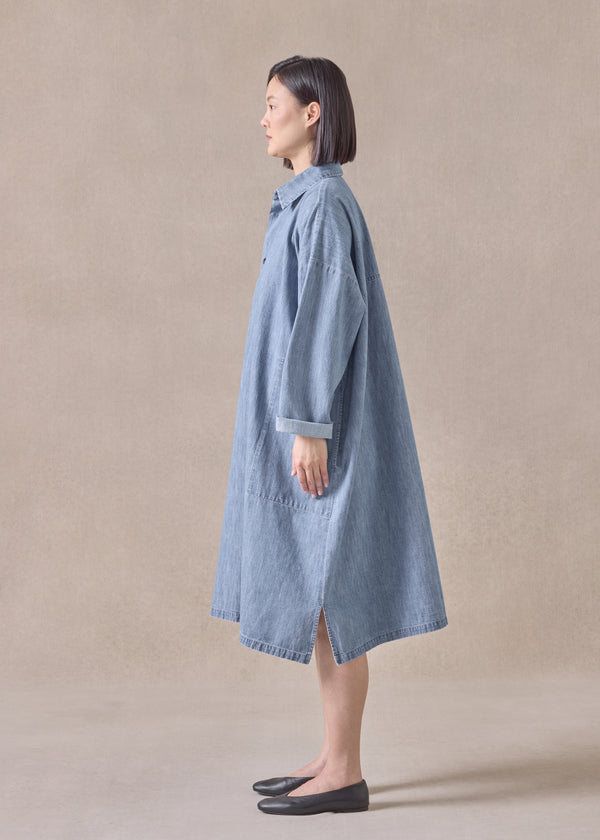 Eskandar Cotton Wide A-line Back Pleat Shirt Dress With Collar - 3/4 Length