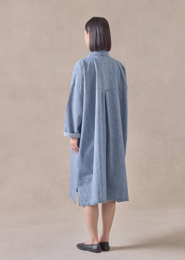 Eskandar Cotton Wide A-line Back Pleat Shirt Dress With Collar - 3/4 Length