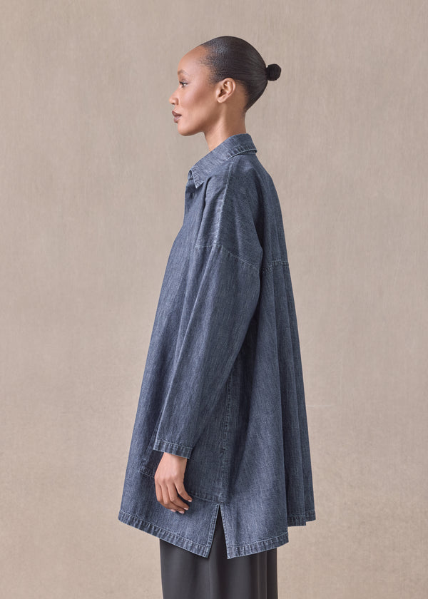 Eskandar Cotton Wide A-line Back Pleat Shirt With Collar - Long Plus