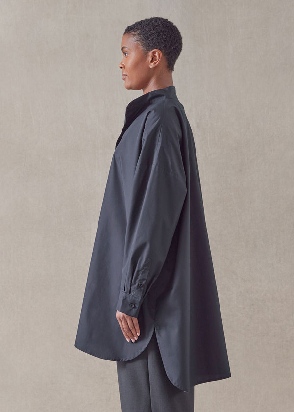 Eskandar Cotton Wide A-line Collarless Classic Shirt - Long Plus