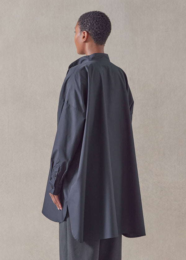 Eskandar Cotton Wide A-line Collarless Classic Shirt - Long Plus