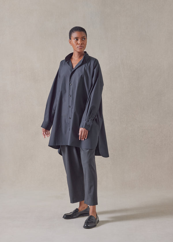 Eskandar Cotton Wide A-line Collarless Classic Shirt - Long Plus