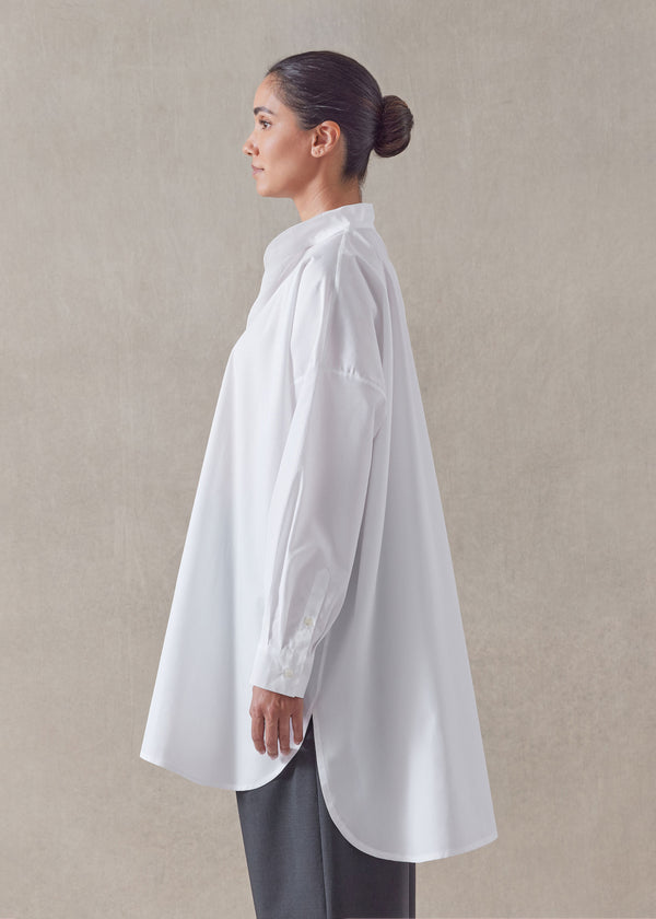 Eskandar Cotton Wide A-line Collarless Classic Shirt - Long Plus