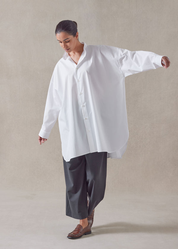 Eskandar Cotton Wide A-line Collarless Classic Shirt - Long Plus