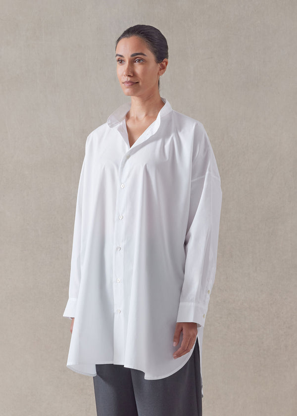 eskandar cotton wide a-line collarless classic shirt - long plus