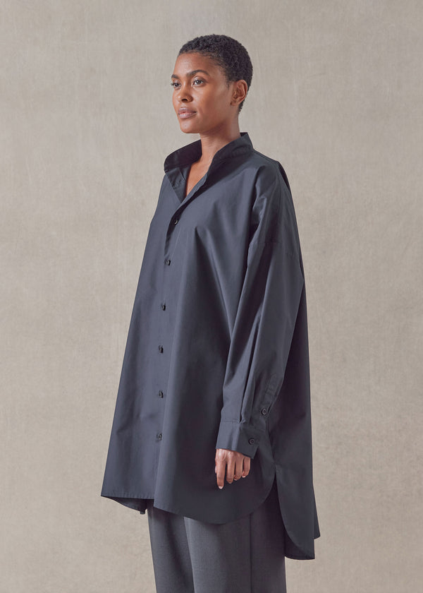 eskandar cotton wide a-line collarless classic shirt - long plus