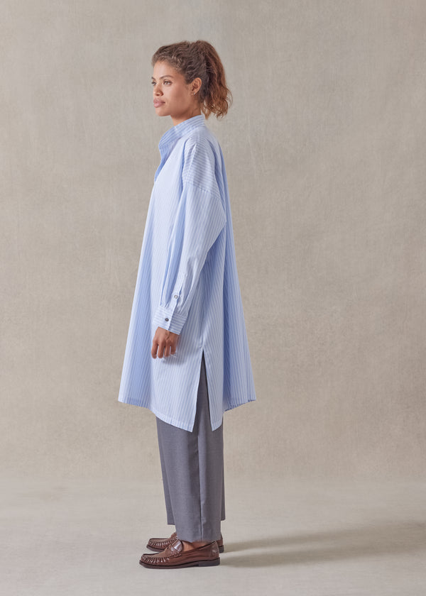 Eskandar Cotton Wide A-line Collarless Shirt - Very Long With Slits