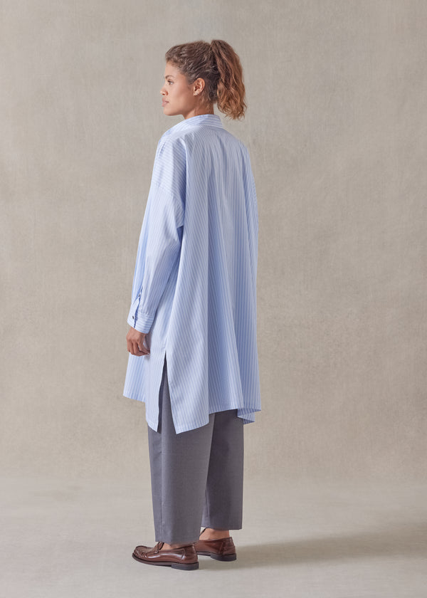 Eskandar Cotton Wide A-line Collarless Shirt - Very Long With Slits