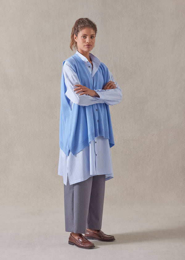 Eskandar Cotton Wide A-line Collarless Shirt - Very Long With Slits