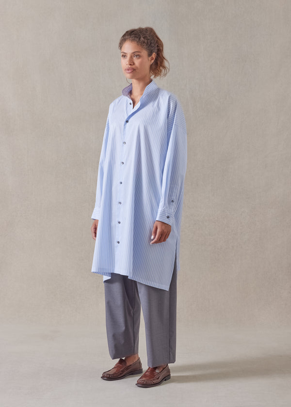 eskandar cotton wide a-line collarless shirt - very long with slits