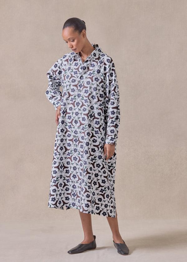 eskandar cotton wide a-line shirt dress with collar