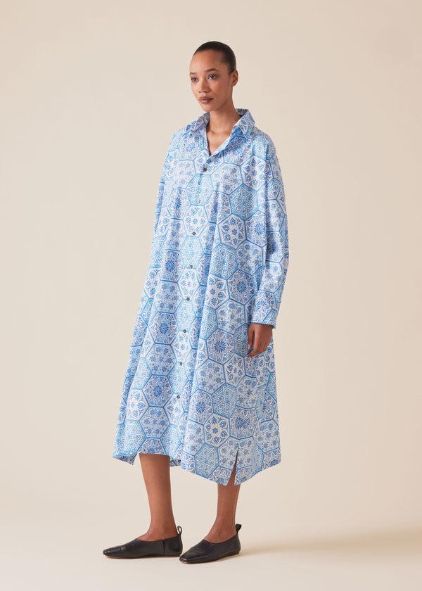 eskandar cotton wide a-line shirt dress with collar
