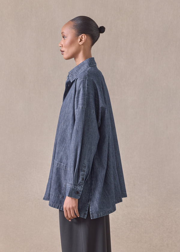 Eskandar Cotton Wide A-line Shirt Jacket With Collar - Long