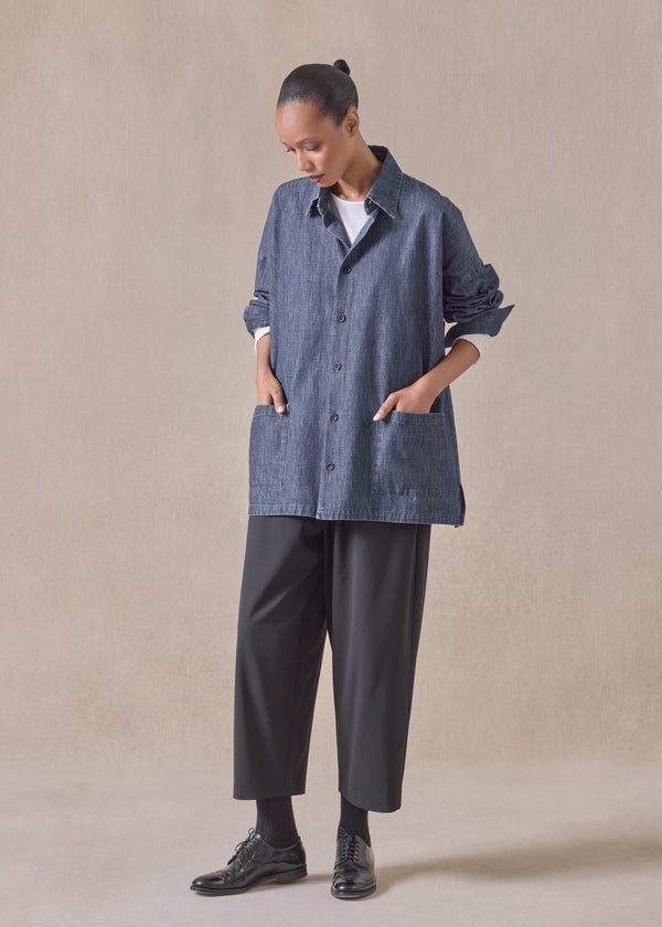 eskandar cotton wide a-line shirt jacket with collar - long