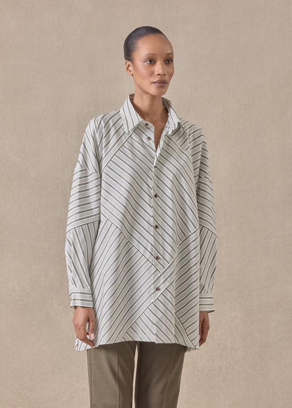 Eskandar Cotton Wide A-line Shirt With Collar - Long (patchwork)