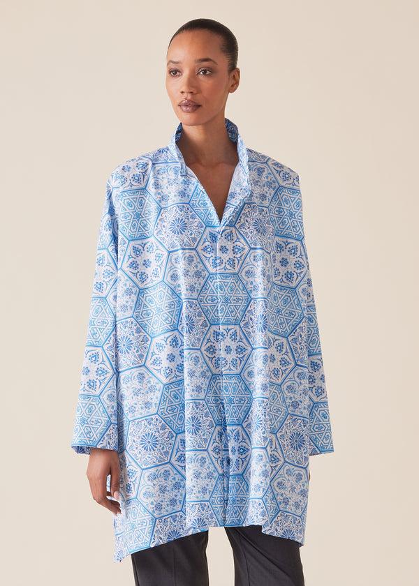 Eskandar Cotton Wide A-line Shirt With Double Stand Collar - Long Plus