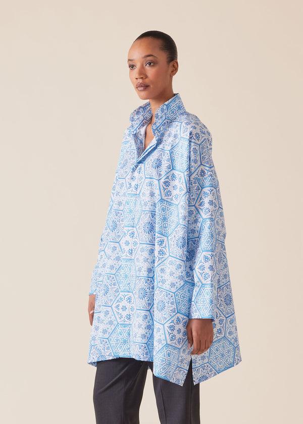 eskandar cotton wide a-line shirt with double stand collar - long plus