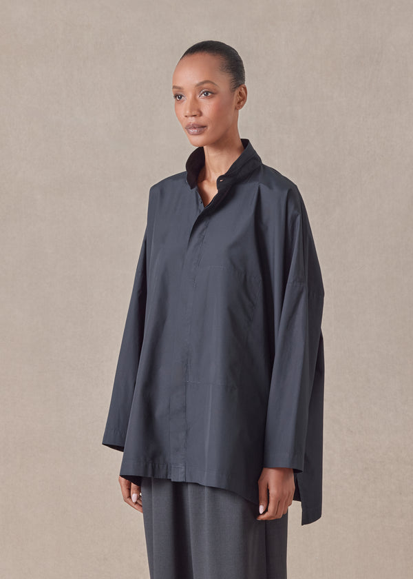 Eskandar Cotton Wide Double Stand Collar Shirt With Hidden Pocket - Long