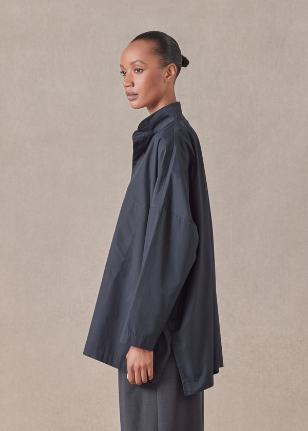 Eskandar Cotton Wide Double Stand Collar Shirt With Hidden Pocket - Long